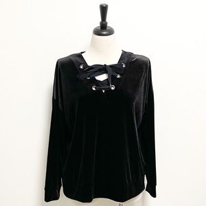 Bobeau Black Velvet Corset Tie V Neck 3/4 Sleeve Top NWT Large Stretch